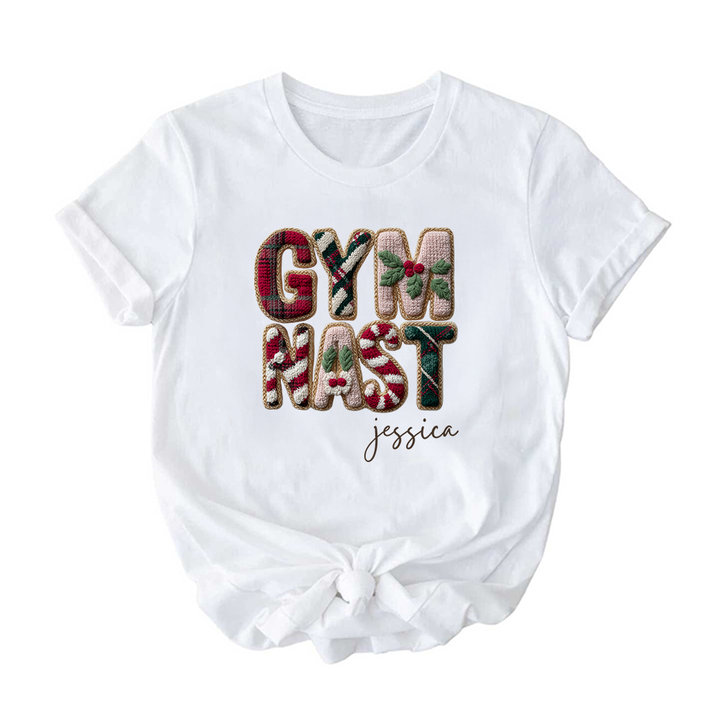 Personalized Gymnast Christmas Tee | Custom Name Holiday Shirt | Crochet Look Festive Gymnast T-Shirt
