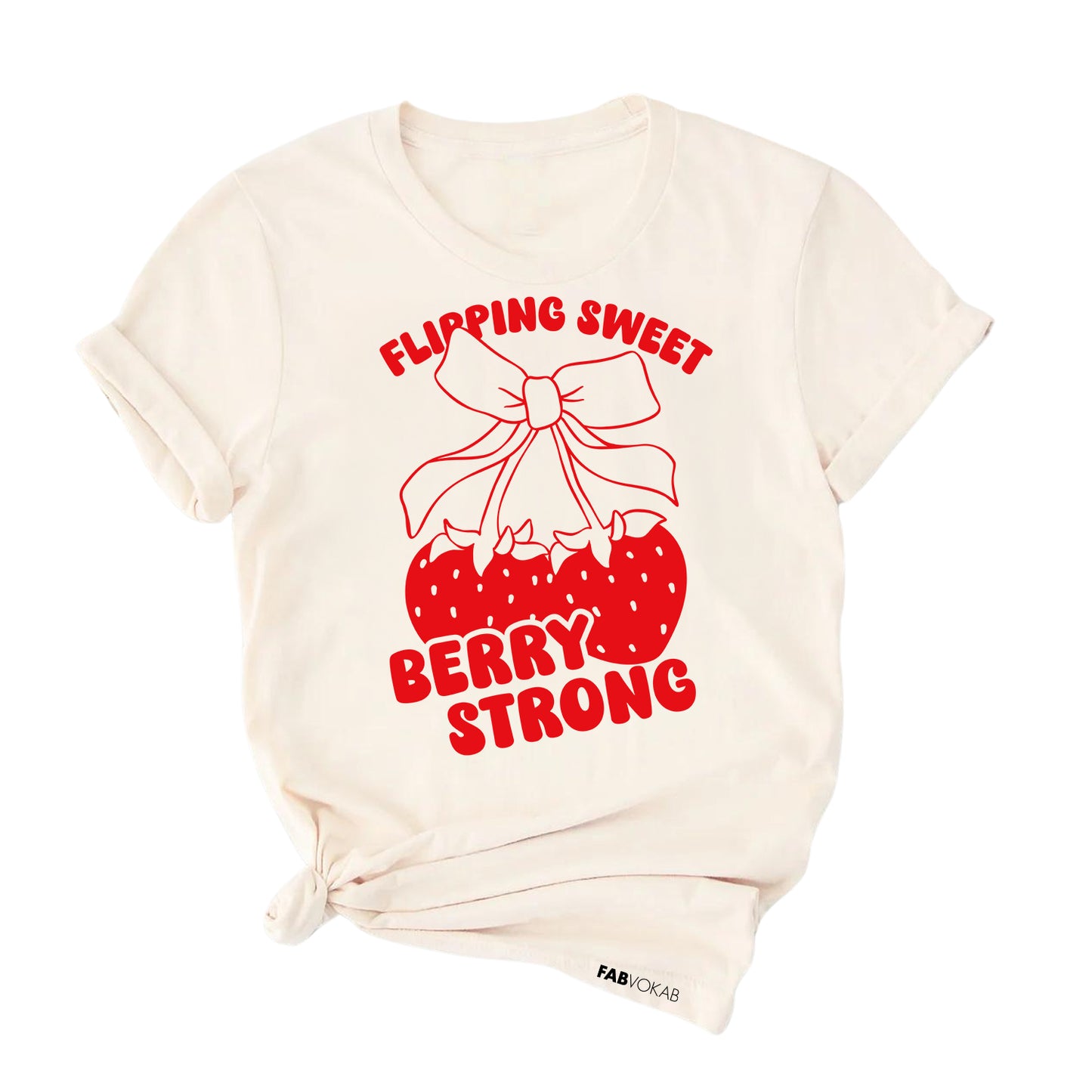 Off-white_t-shirt_with_red_strawberry_bow_graphic_and_text_that_says_Flipping_Sweet_Berry_Strong_gymnast_shirt_design.