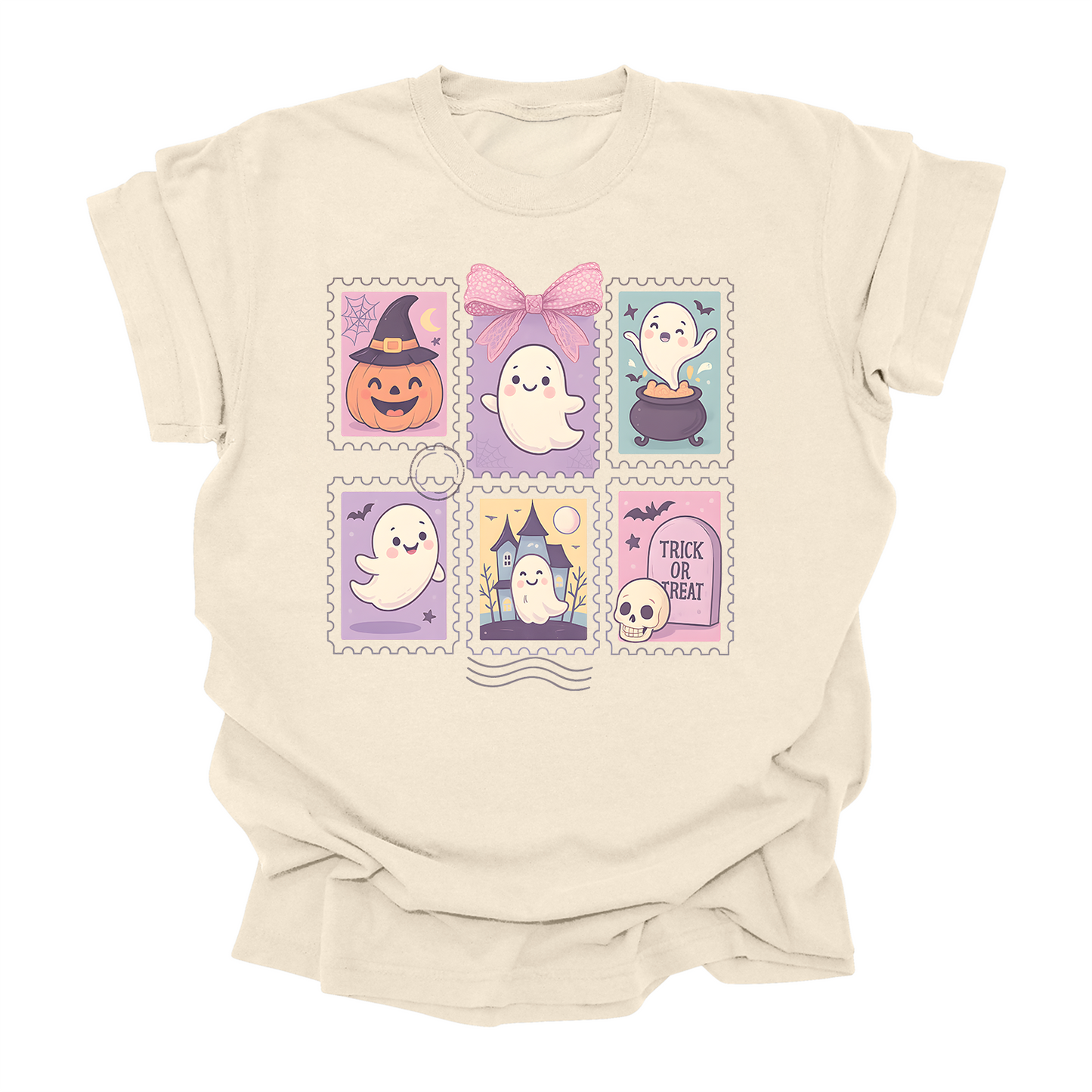 Cute Ghost Halloween T-Shirt Pastel Spooky Stamps Graphic Tee Kids & Adults Trick or Treat Shirt (3 colors)
