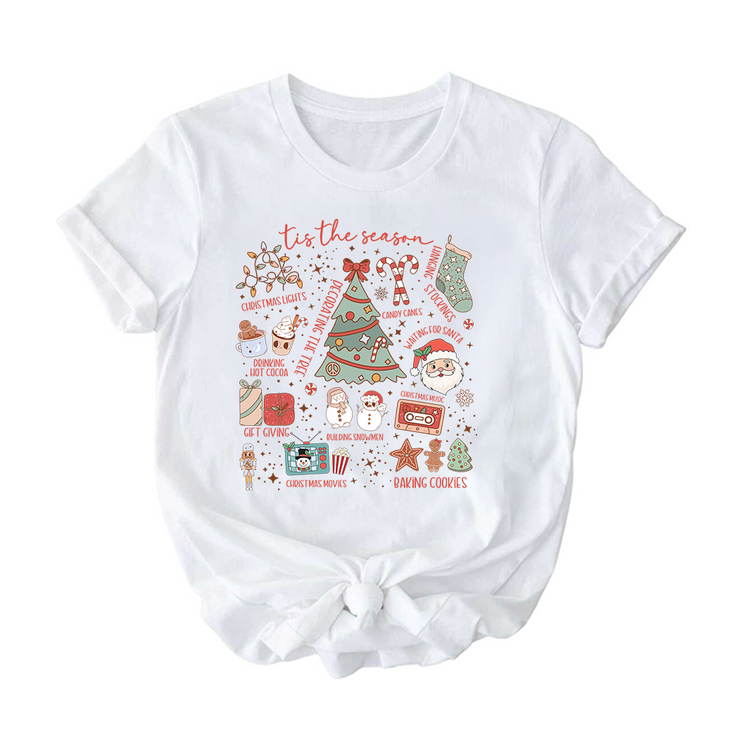 ’Tis the Season Christmas Tee | Holiday Activities Shirt for Kids, Teens & Adults | Cozy Hot Cocoa & Cookies Graphic