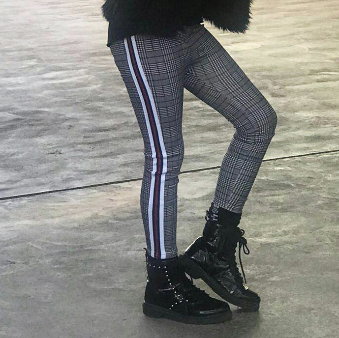 GIRLS PLAID LEGGINS WITH WHITE AND RED STRIPE FABVOKAB