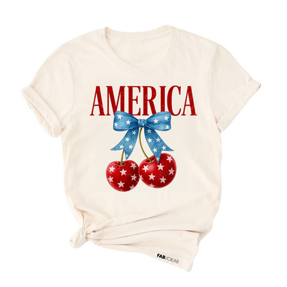 Cute Patriotic Cherries Graphic Tee – Red, White & Blue Bow Design