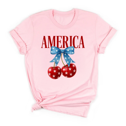 Cute Patriotic Cherries Graphic Tee – Red, White & Blue Bow Design