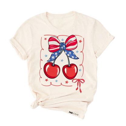 Patriotic Cherries Graphic Tee – Red, White & Blue Bow Design
