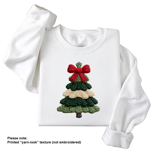 Cozy Christmas Tree Sweatshirt with Yarn-Look Print | Holiday Crewneck for Kids, Youth & Adults