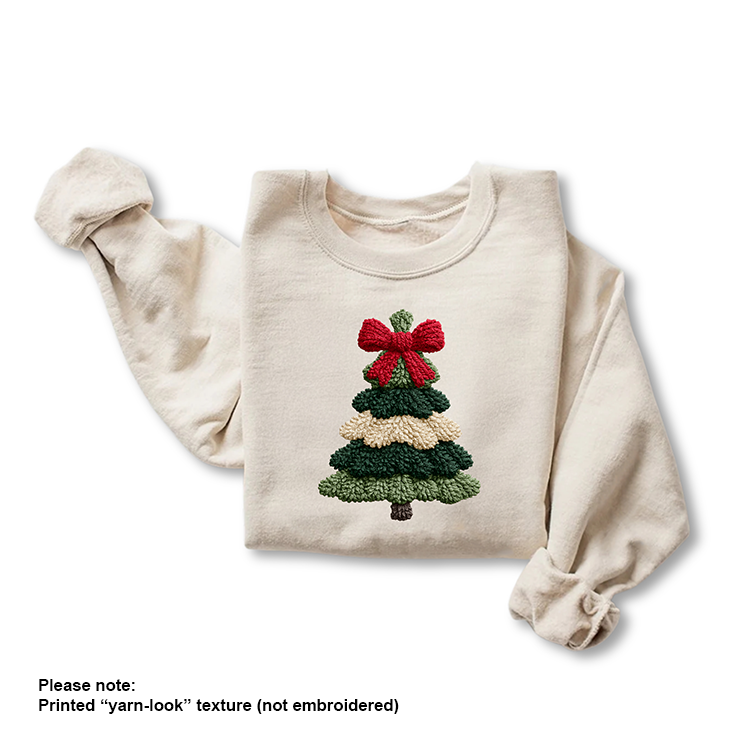 Beige sweatshirt with a Christmas tree design on a white background