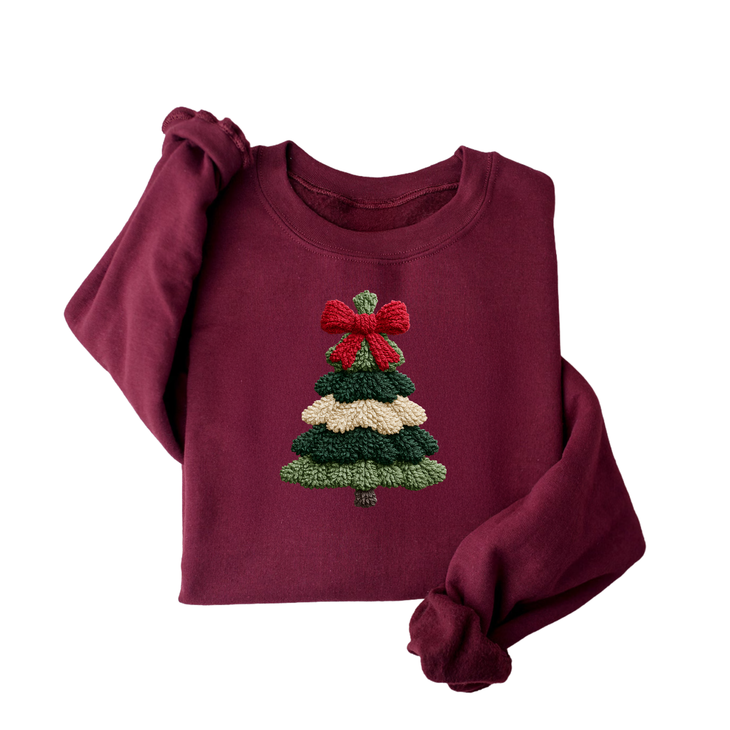 Cozy Christmas Tree Sweatshirt with Yarn-Look Print | Holiday Crewneck for Kids, Youth & Adults
