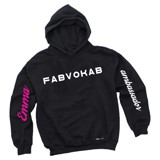 FABVOKAB Ambassador unisex, girls, boys, teens black hoodie with your name