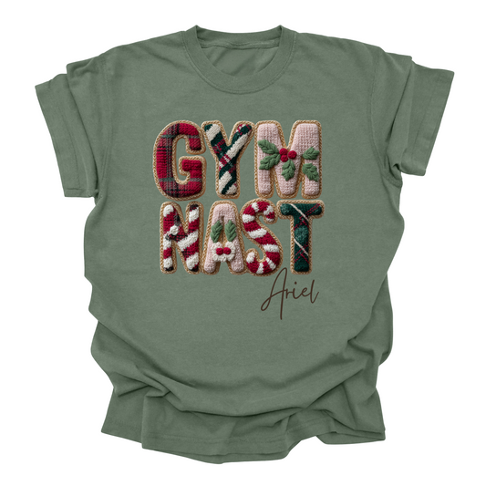 Personalized Gymnast Christmas Tee | Custom Name Holiday Shirt | Crochet Look Festive Gymnast T-Shirt