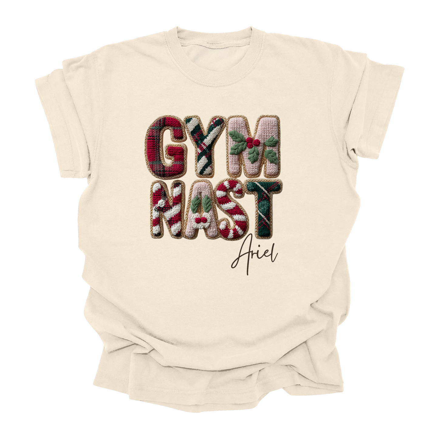 Personalized Gymnast Christmas Tee | Custom Name Holiday Shirt | Crochet Look Festive Gymnast T-Shirt