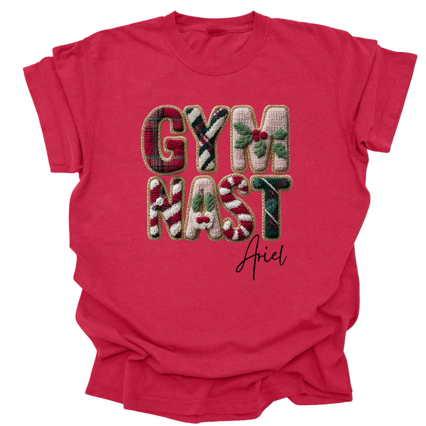 Personalized Gymnast Christmas Tee | Custom Name Holiday Shirt | Crochet Look Festive Gymnast T-Shirt