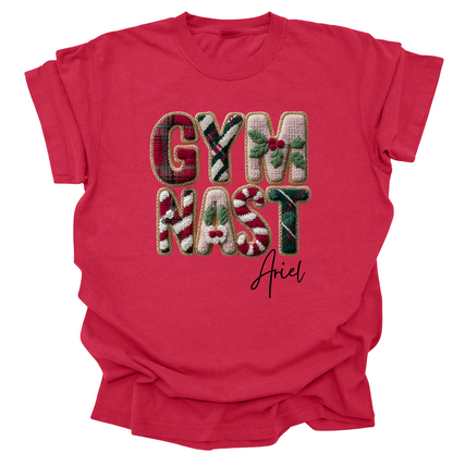 Personalized Gymnast Christmas Tee | Custom Name Holiday Shirt | Crochet Look Festive Gymnast T-Shirt