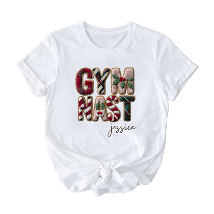 Personalized Gymnast Christmas Tee | Custom Name Holiday Shirt | Crochet Look Festive Gymnast T-Shirt