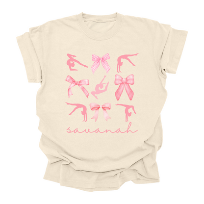 Personalized  Bows and Gymnastics Girls Custom Name T-Shirt