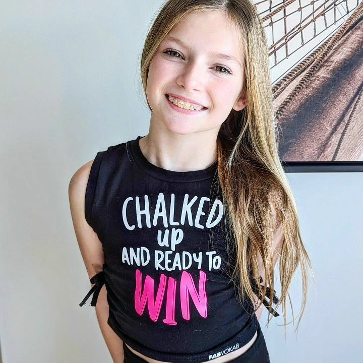 Chalked Up and Ready to WIN Girls Crop Top: Style and Performance for Young Gymnasts