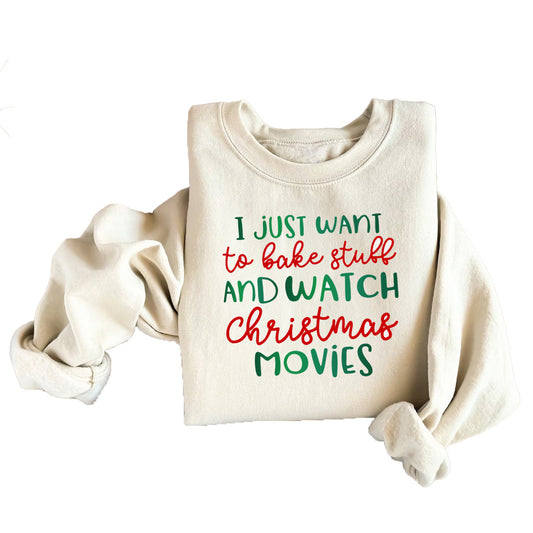 I Just Want to Bake and Watch Christmas Movies Kids Holiday Sweatshirt for Girls and Teens