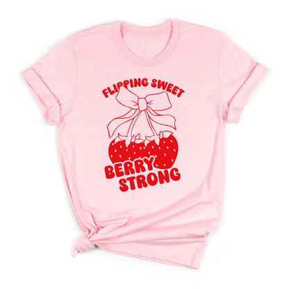 Pink_t-shirt_with_red_strawberry_bow_graphic_and_text_that_says_Flipping_Sweet_Berry_Strong_gymnast_shirt_design.