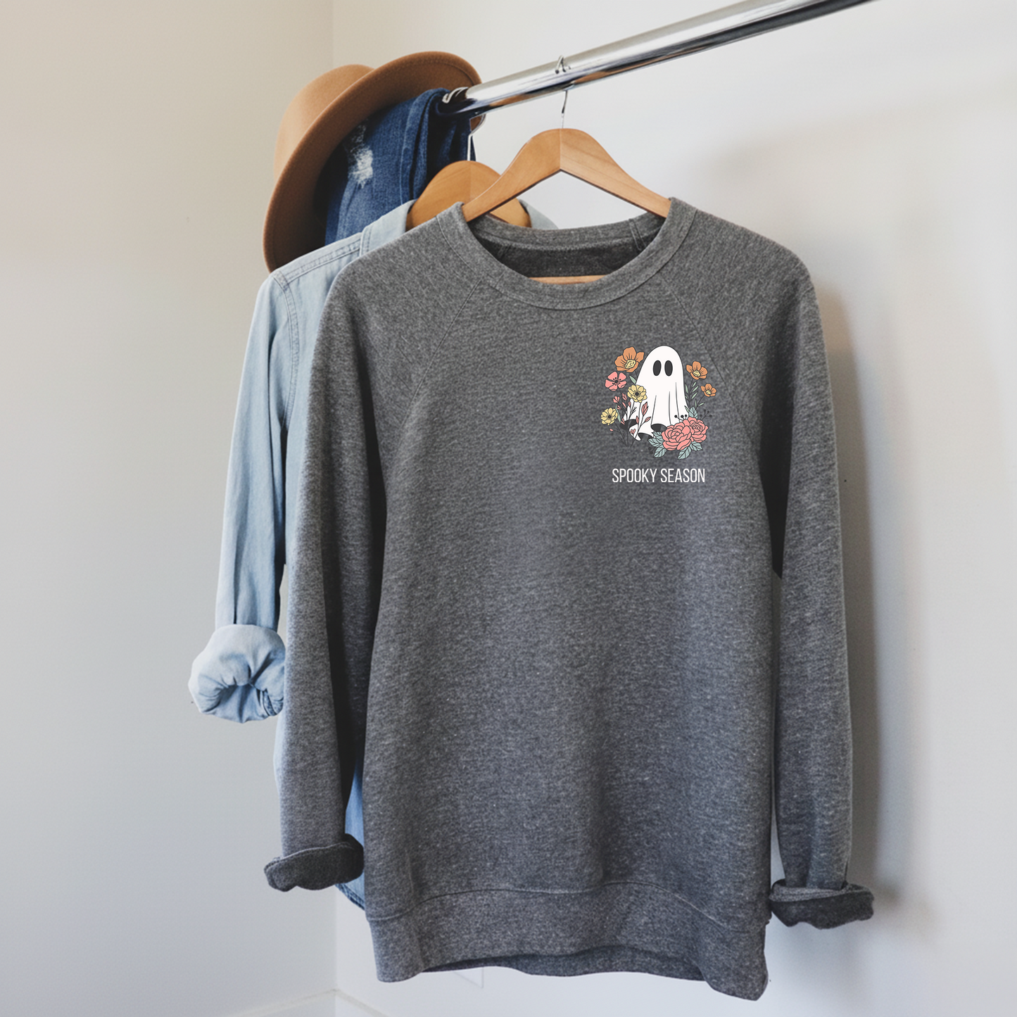Spooky Season Fleece Sweatshirt – Cute Ghost with Flowers Design