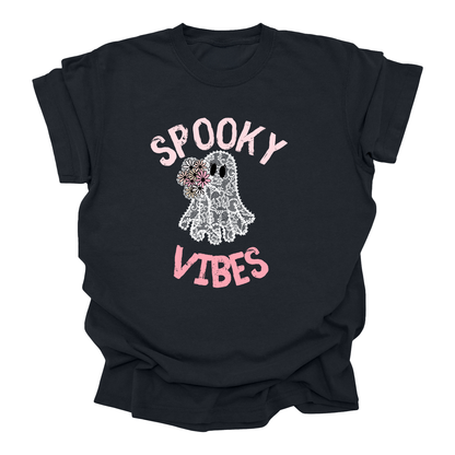 Spooky Vibes T-Shirt - Cute Lace Ghost graphic with Flowers