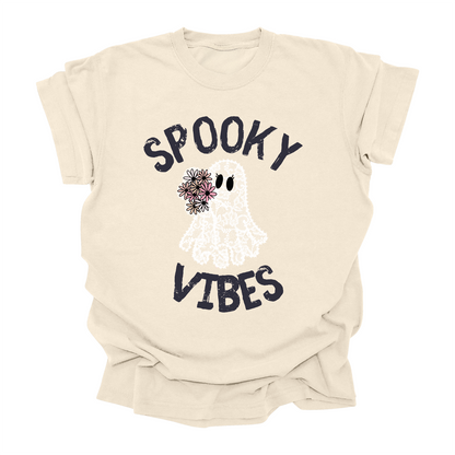 Spooky Vibes T-Shirt - Cute Lace Ghost graphic with Flowers