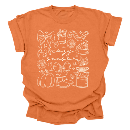 Cozy Season Fall Adult T-Shirt | Autumn Pumpkin Pie Graphic Tee | Rustic Orange Shirt | Cute Fall Outfit Aesthetic