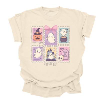Cute Ghost Halloween T-Shirt Pastel Spooky Stamps Graphic Tee Kids & Adults Trick or Treat Shirt (3 colors)