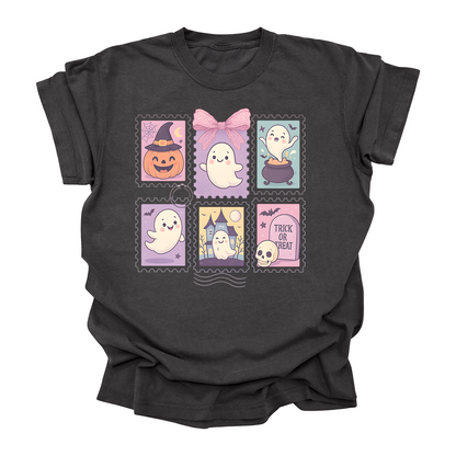 Cute Ghost Halloween T-Shirt Pastel Spooky Stamps Graphic Tee Kids & Adults Trick or Treat Shirt (3 colors)