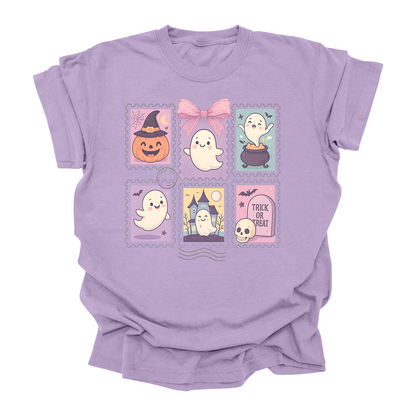 Cute Ghost Halloween T-Shirt Pastel Spooky Stamps Graphic Tee Kids & Adults Trick or Treat Shirt (3 colors)