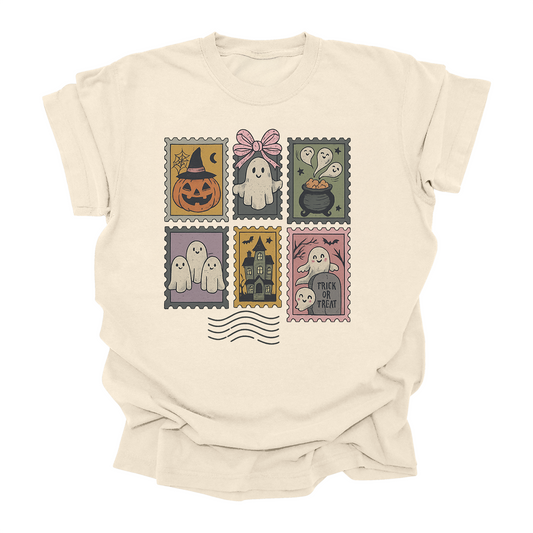 Halloween T-Shirt Spooky Stamps Graphic Tee Kids & Adults Trick or Treat Shirt
