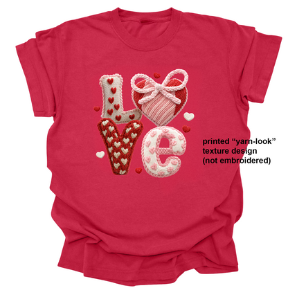 Love Valentine Shirt – Yarn Look Knit Style Heart Tee for Kids, Teens & Adults