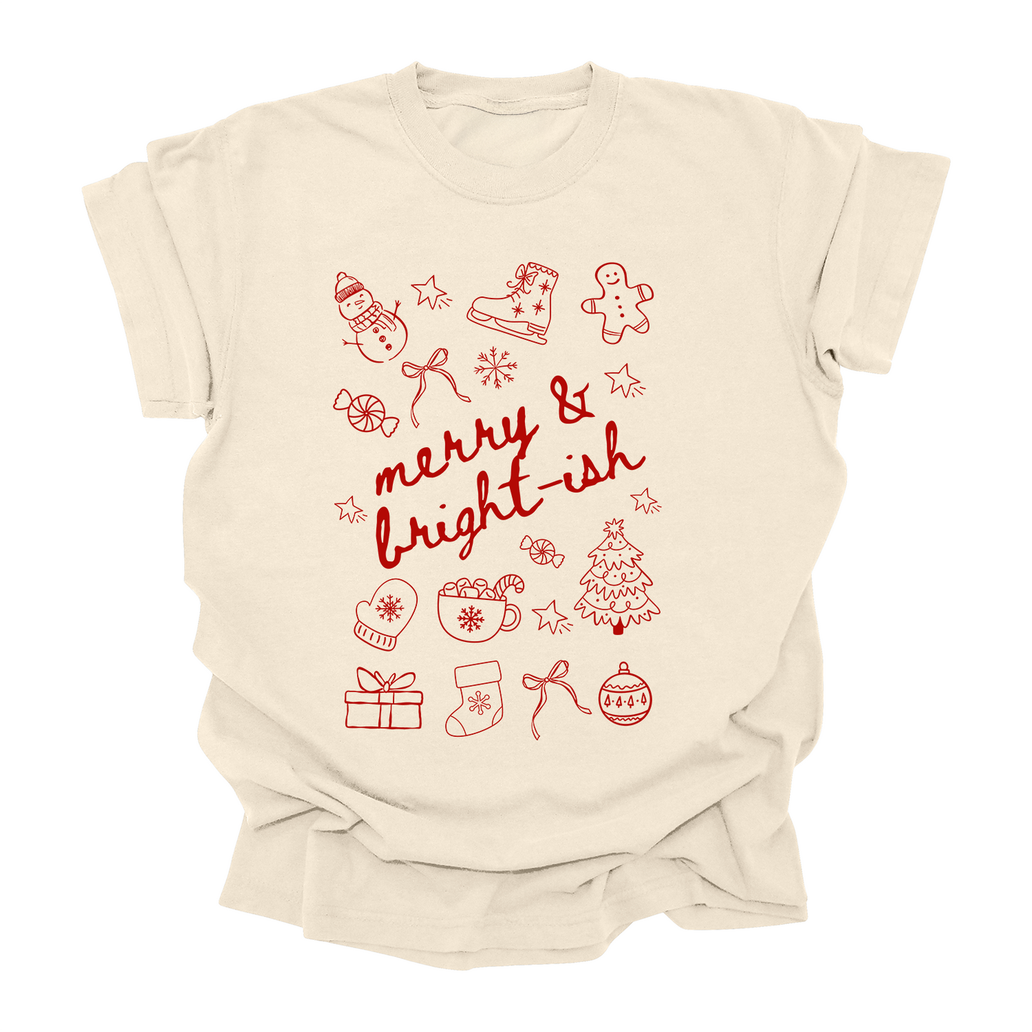 Merry & Bright-ish Christmas Tee | Cute Holiday Shirt with Hot Cocoa & Doodles