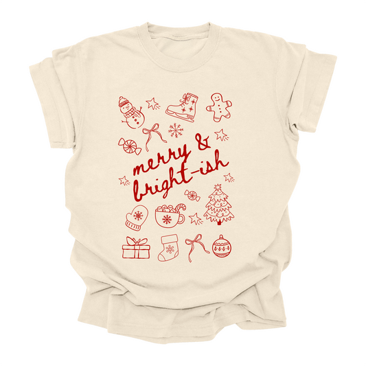 Merry & Bright-ish Christmas Tee | Cute Holiday Shirt with Hot Cocoa & Doodles