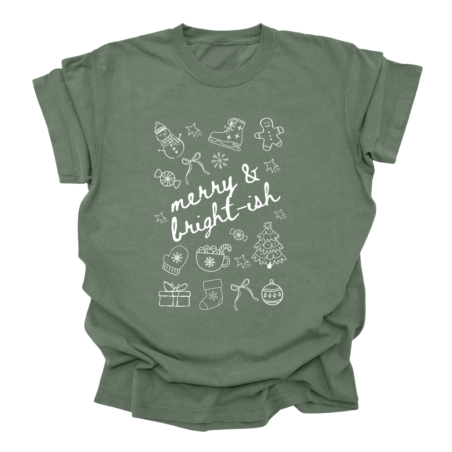 Merry & Bright-ish Christmas Tee | Cute Holiday Shirt with Hot Cocoa & Doodles