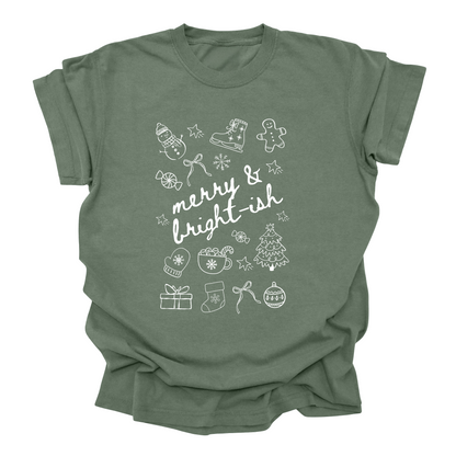 Merry & Bright-ish Christmas Tee | Cute Holiday Shirt with Hot Cocoa & Doodles