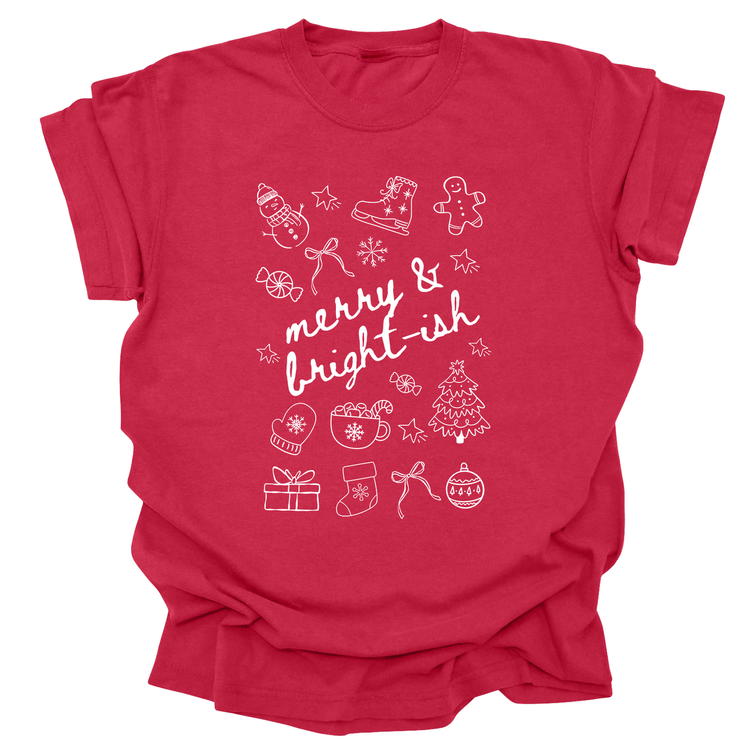 Merry & Bright-ish Christmas Tee | Cute Holiday Shirt with Hot Cocoa & Doodles