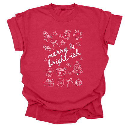 Merry & Bright-ish Christmas Tee | Cute Holiday Shirt with Hot Cocoa & Doodles