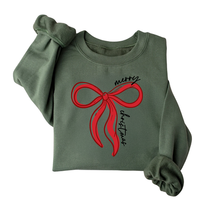 Merry Christmas Bow Sweatshirt | Minimal Holiday Crewneck in Red or Green | Cozy Christmas Sweater for Kids, Youth & Adults