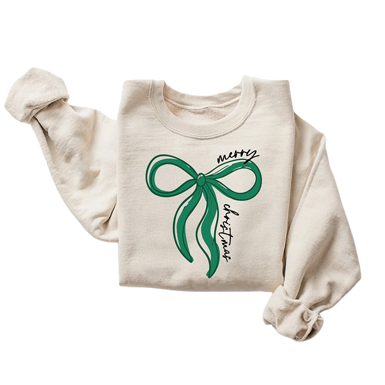 Merry Christmas Bow Sweatshirt | Minimal Holiday Crewneck in Red or Green | Cozy Christmas Sweater for Kids, Youth & Adults