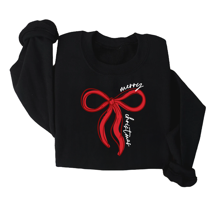 Merry Christmas Bow Sweatshirt | Minimal Holiday Crewneck in Red or Green | Cozy Christmas Sweater for Kids, Youth & Adults