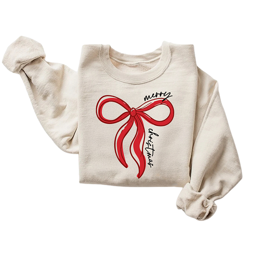 Merry Christmas Bow Sweatshirt | Minimal Holiday Crewneck in Red or Green | Cozy Christmas Sweater for Kids, Youth & Adults