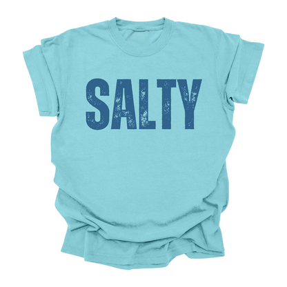 Salty Graphic Summer T-Shirt – Blue Grunge Font on Mint Tee