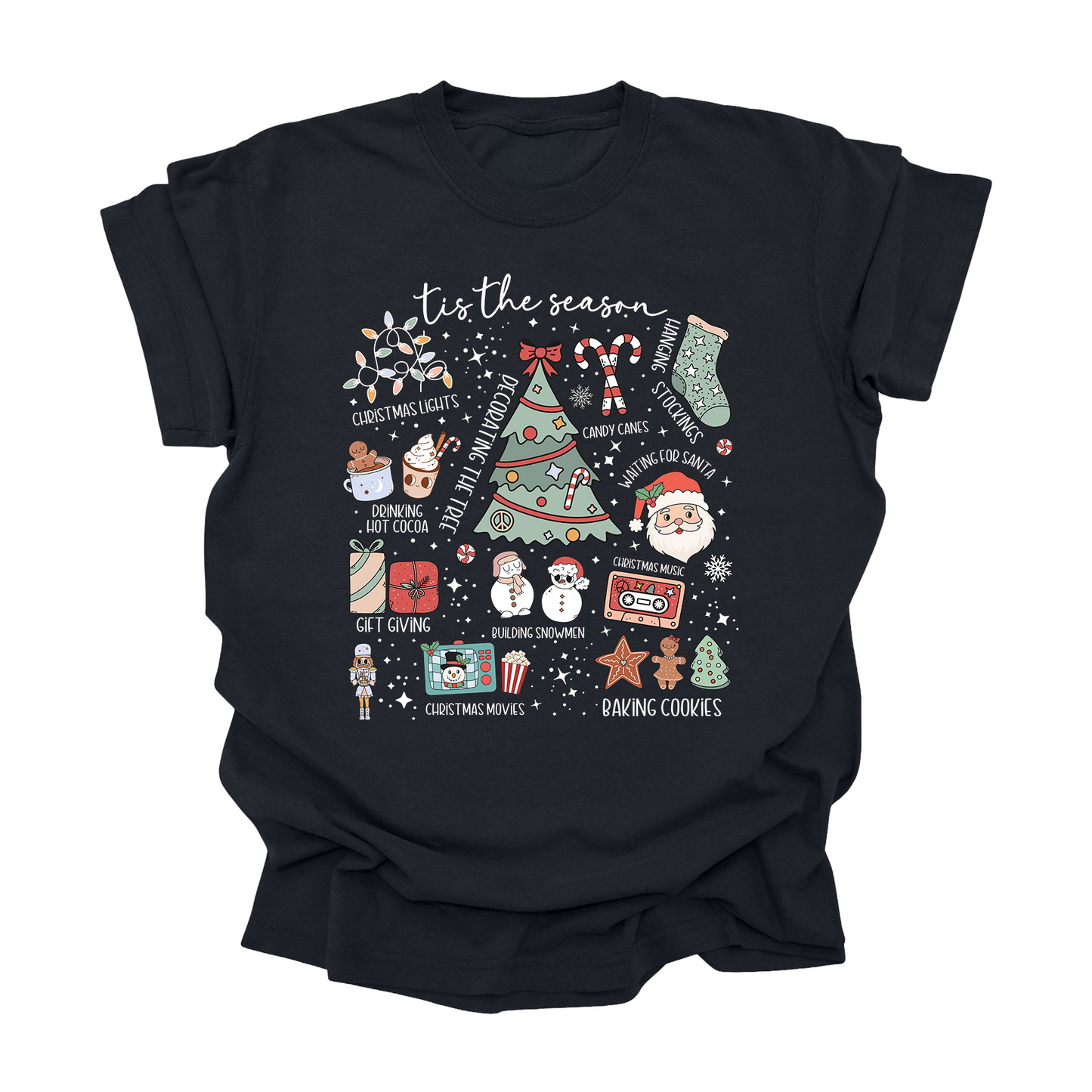 ’Tis the Season Christmas Tee | Holiday Activities Shirt for Kids, Teens & Adults | Cozy Hot Cocoa & Cookies Graphic