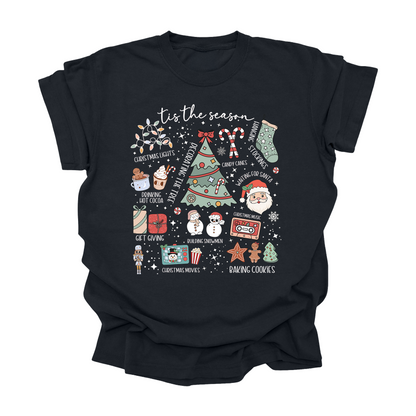 ’Tis the Season Christmas Tee | Holiday Activities Shirt for Kids, Teens & Adults | Cozy Hot Cocoa & Cookies Graphic