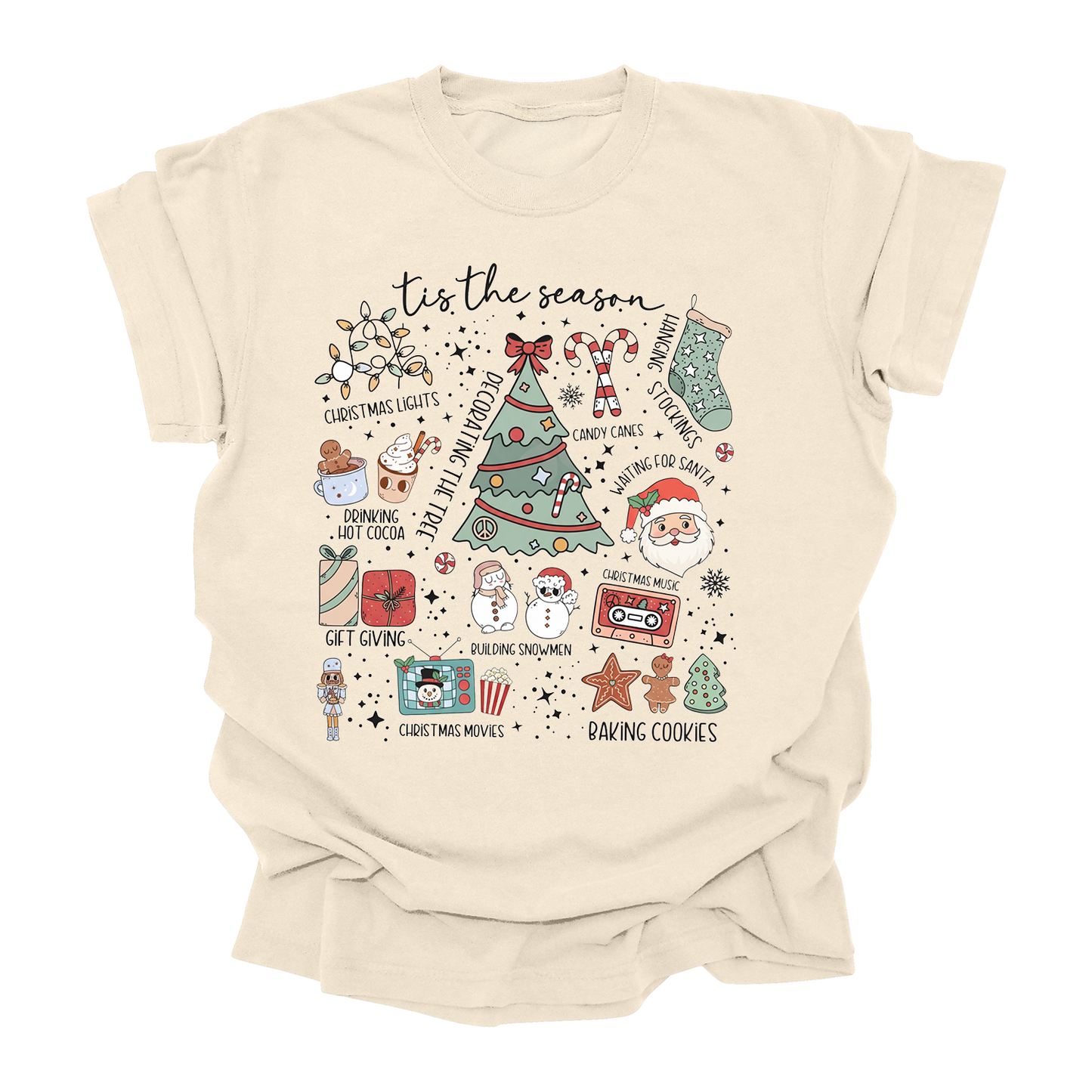 ’Tis the Season Christmas Tee | Holiday Activities Shirt for Kids, Teens & Adults | Cozy Hot Cocoa & Cookies Graphic