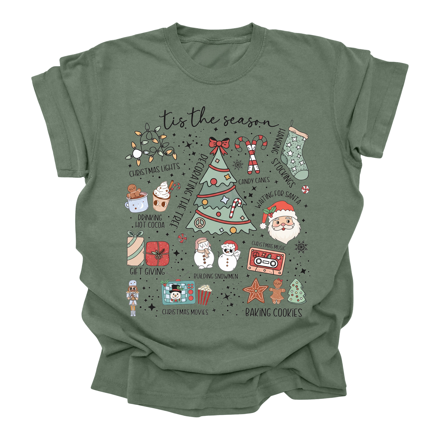 ’Tis the Season Christmas Tee | Holiday Activities Shirt for Kids, Teens & Adults | Cozy Hot Cocoa & Cookies Graphic