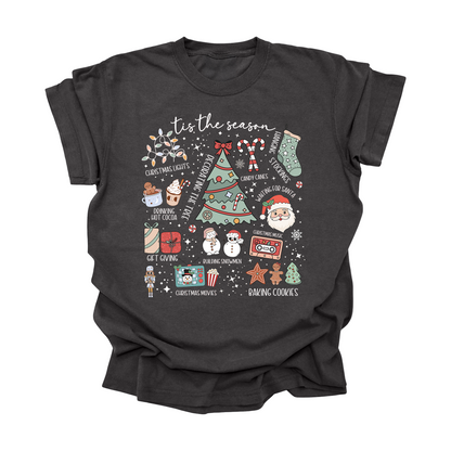 ’Tis the Season Christmas Tee | Holiday Activities Shirt for Kids, Teens & Adults | Cozy Hot Cocoa & Cookies Graphic