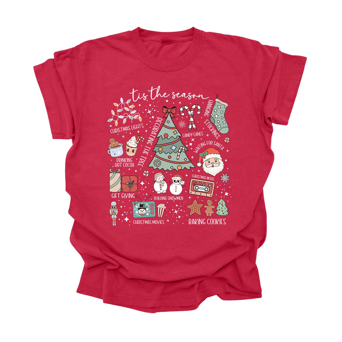 ’Tis the Season Christmas Tee | Holiday Activities Shirt for Kids, Teens & Adults | Cozy Hot Cocoa & Cookies Graphic