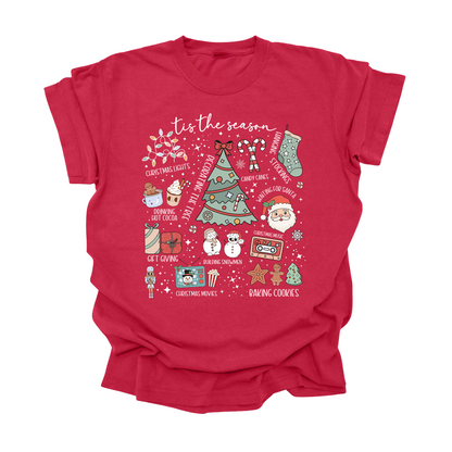 ’Tis the Season Christmas Tee | Holiday Activities Shirt for Kids, Teens & Adults | Cozy Hot Cocoa & Cookies Graphic