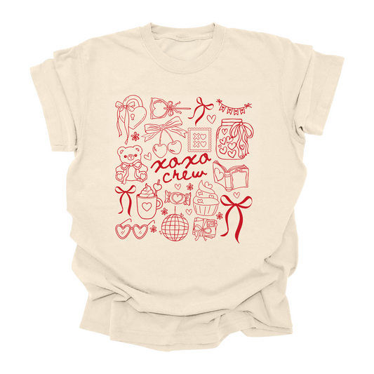 XOXO Crew Valentine's Day shirt for kids teens women with red hand-drawn hearts bows teddy bear design