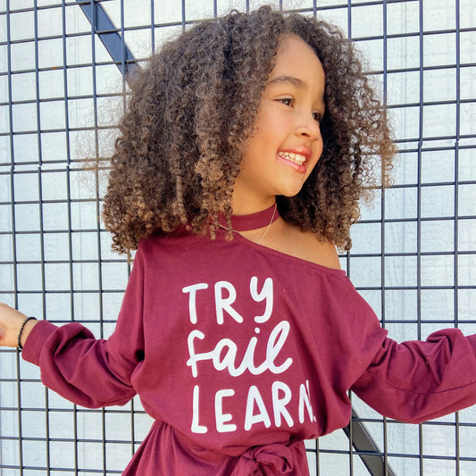 TRY FAIL LEARN Burgundy Girls Asymmetrical Dress with belt (only size 10) FABVOKAB